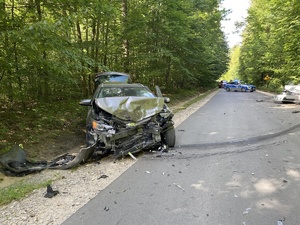 rozbite samochody na drodze, w tle radiowóz policji