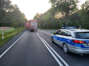 droga, w tel TiR , po prawej stronie radiowóz policji, trawa w niej leżący rower.