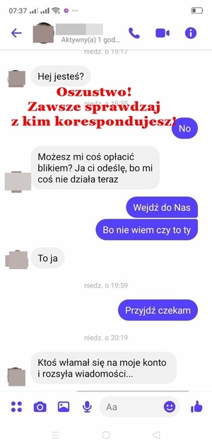 zrzut ekranu wiadomości od oszusta podszywającego się pod osobę na portalu