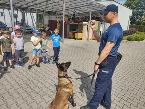 dzieci w komendzie policji, spotkanie z policjantami. Strzelnica policyjna, przewodnik psa służbowego, dzieci stoją policjanci stoją przodem do dzieci, rozmawiają, dzieci przed budynkiem komendy stoją na schodkach