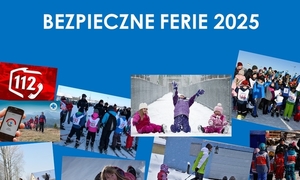 dzieci bawią się na śniegu, napis bezpiezczne ferie 2025.