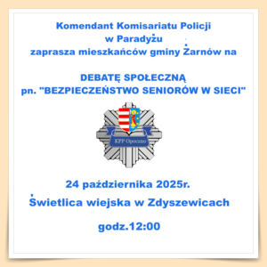 ogłoszenie o debacie społecznej w Zdyszewicach dla seniorów, 24 października 2025 roku o godzinie 12:00.