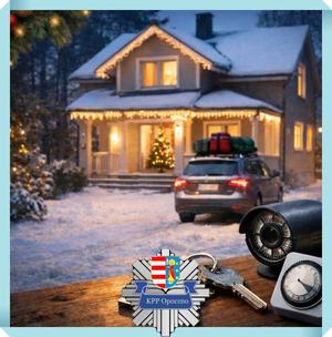 dom oświetlony światełkami, samochód z bagażami, bombki, klucze, kamera, klucze, na ziemi leży śnieg, logo policji.