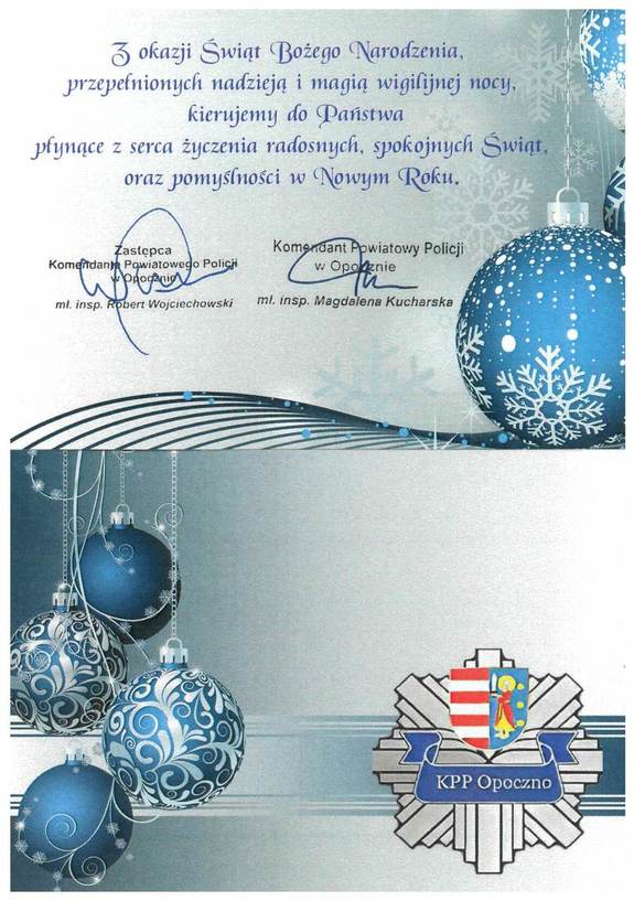 kartka z życzeniami świątecznymi komendanta i zastępcy komendanta policji w Opocznie.