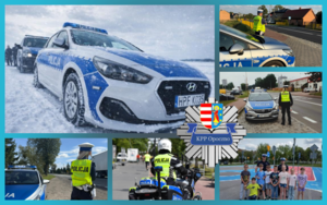 zbiór zdjęć przedstawiających radiowozy, motocykle policyjne, policjantów i policjantki.