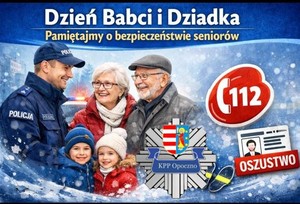 obrazek przedstawiający policjanta, mężczyznę, kobietę i dwoje dzieci, nr 112, napis dzień babci i dziadka.