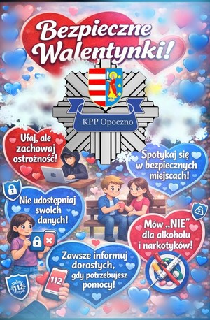 ulotka w kolorze niebiesko-czerwonym, widoczne serca, logo policji, hasła o bezpieczeństwie.