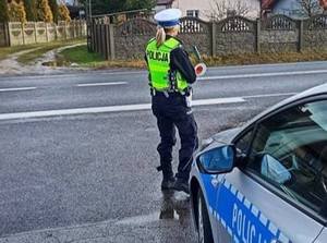 policjantka w odblaskowej kamizelce stoi przy drodze, przed nią widoczny fragment radiowozu.