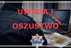 osoba w ciemnym ubraniu siedzi przed laptopem, napis uwaga oszustwo, logo policji opoczyńskiej.
