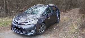 samochód osobowy z uszkodzoną maską, szybą i lusterkiem, na drodze leśnej.