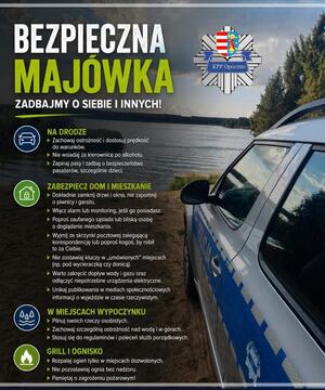 zdjęcie przedstawia radiowóz stojący przy wodzie, napisy dotyczące bezpieczeństwa podczas weekendu majowego.