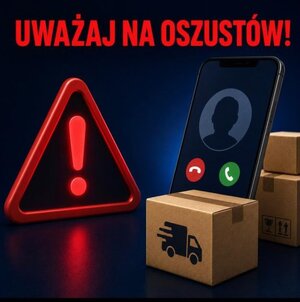 napis uważaj na oszustów, pudełka kartonowe, ekran telefonu.
